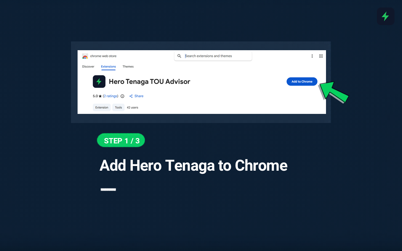 Chrome Web Store page for Hero Tenaga TOU Advisor showing the 'Add to Chrome' button highlighted by a green arrow.