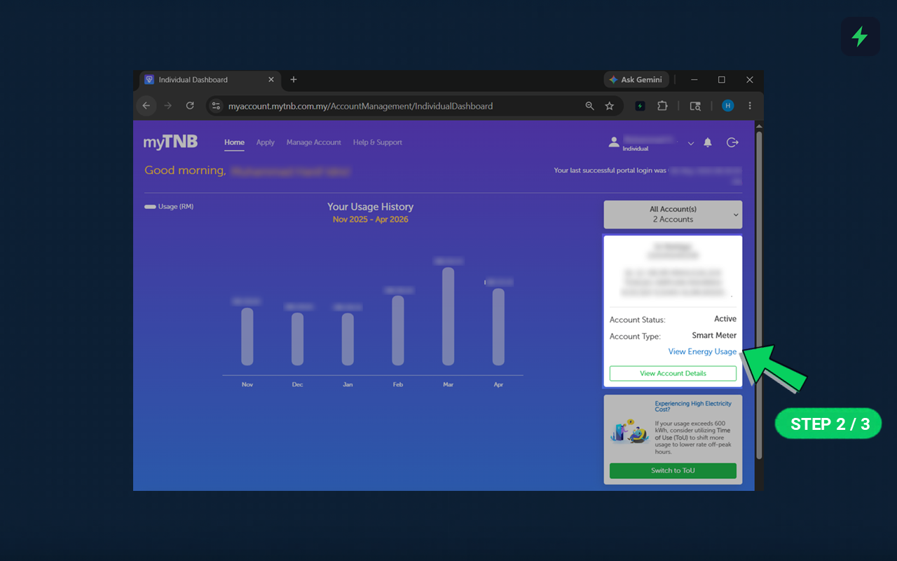myTNB account dashboard with 'View Energy Usage' link highlighted by a green arrow in the Active Account panel.