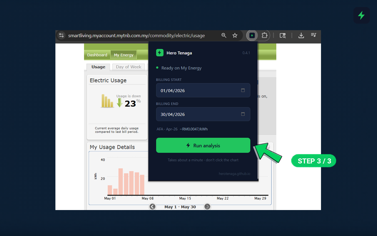 SmartLiving My Energy tab open in Chrome with the Hero Tenaga popup showing billing date pickers and the green Run analysis button.